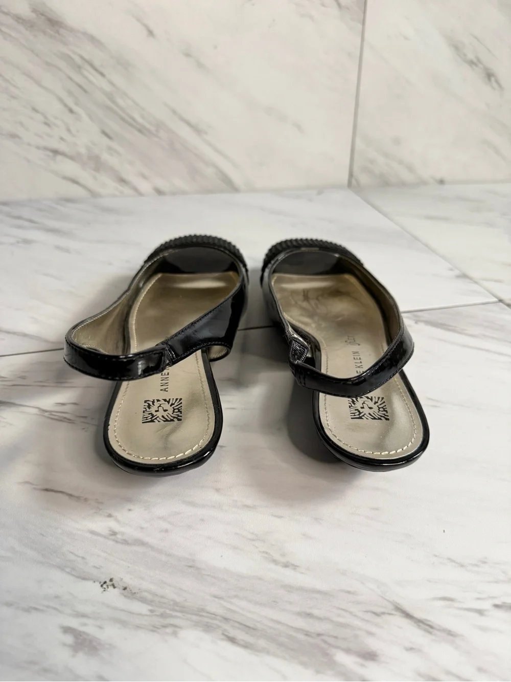 3/$50 Anne Klein Flex Jakobe Embellished Black Patent Slingback Flats Womens 7M